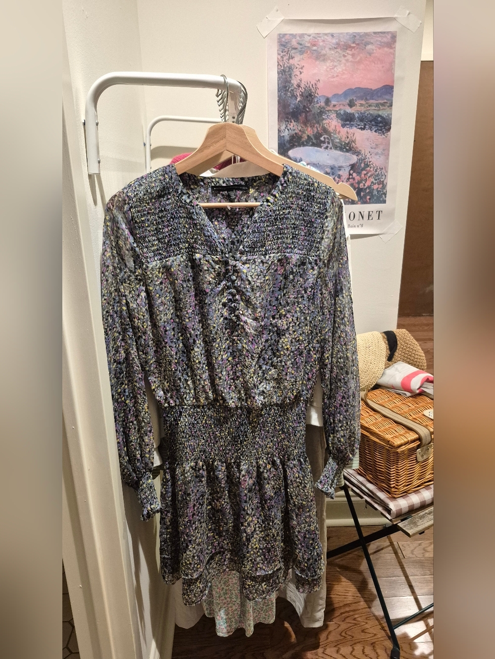 White House Black Market Lavender Multi Long-Sleeve Smocked Mini Dress